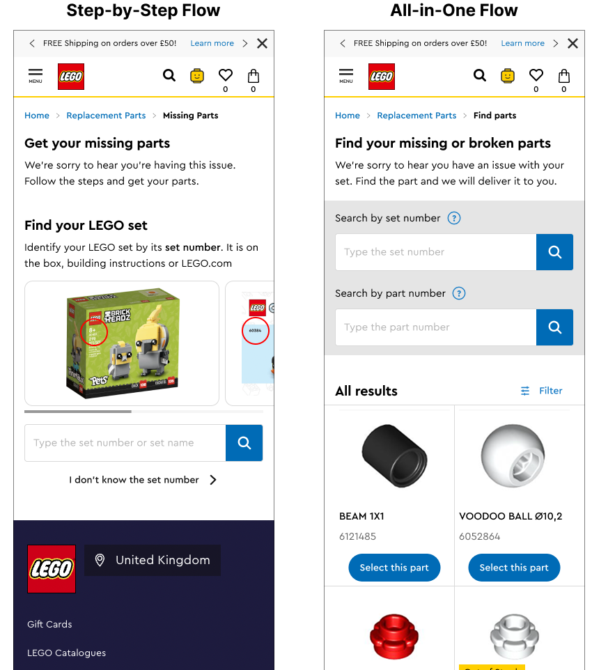 design sprint day 4 outcome - two prototypes. A step-by-step flow and an all-in-one flow
